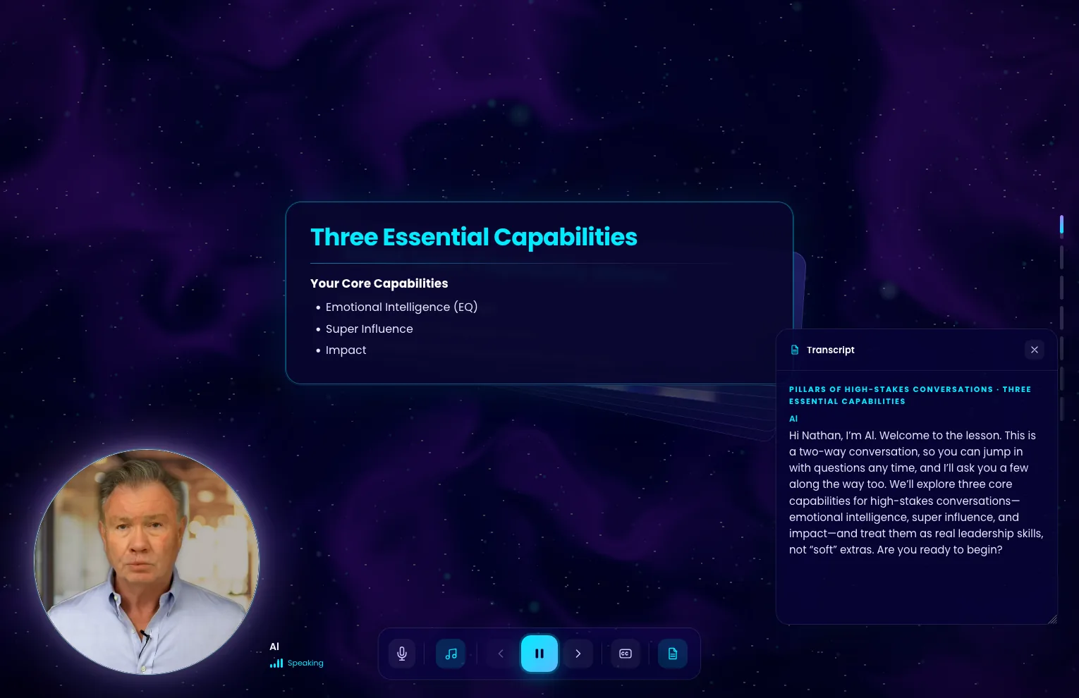 A GuruNow Skill Development Session: Al Preble's avatar speaking beside a lesson card on three essential capabilities, with the live transcript open