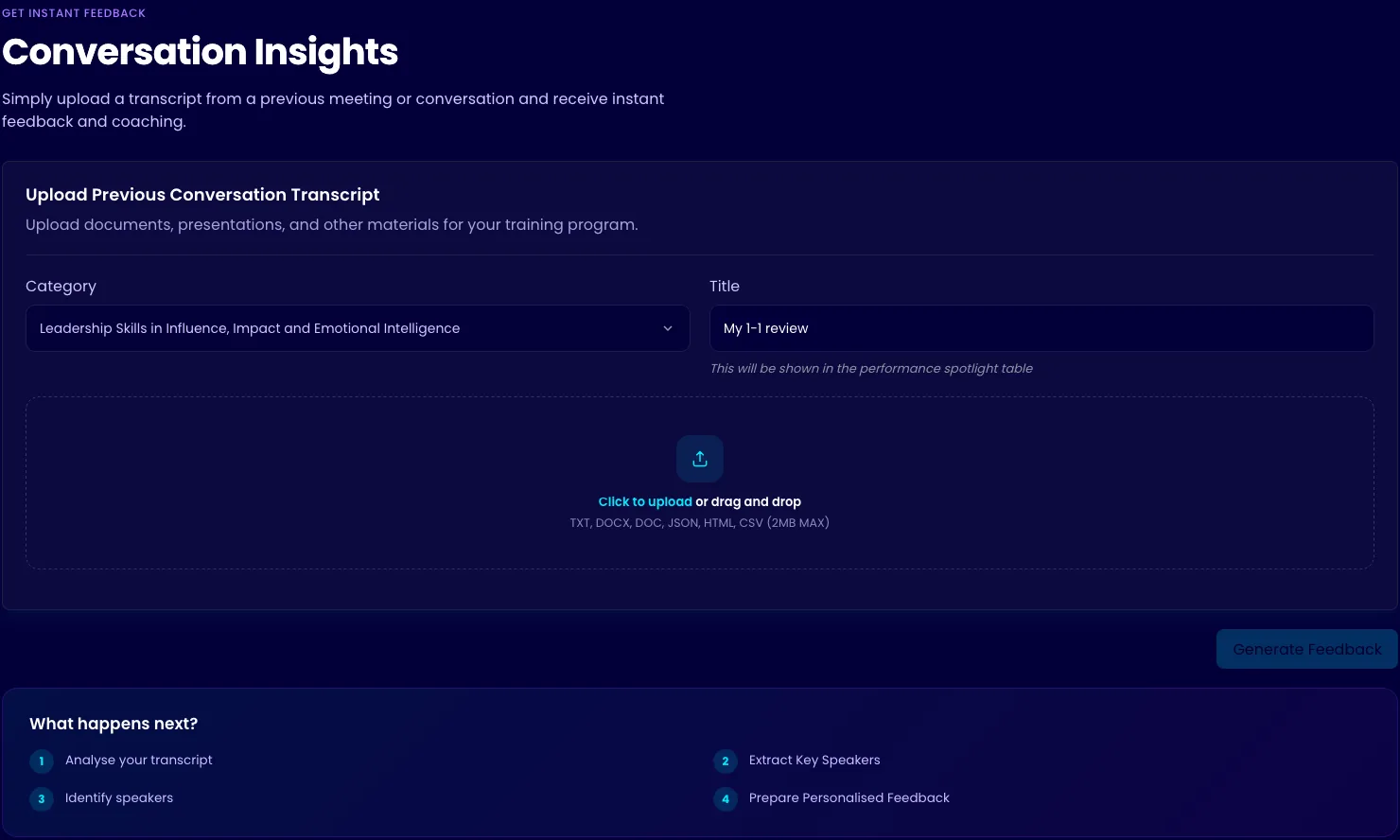 The GuruNow Conversation Insights screen: choose a category, name the conversation and upload its transcript for feedback