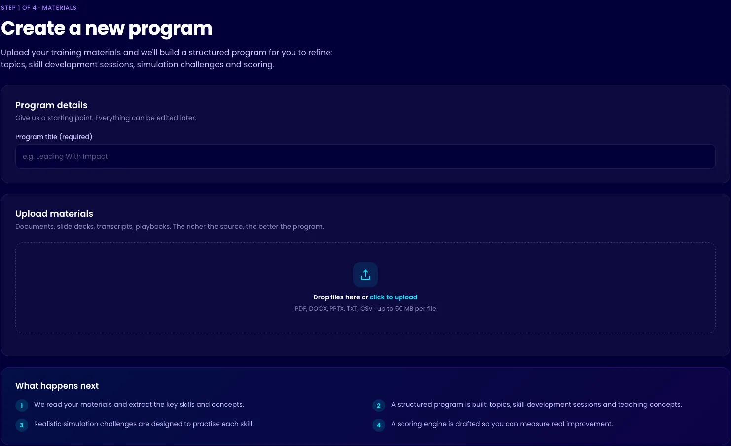 The GuruNow program creator: name a program and upload your own materials to build sessions, simulation challenges and scoring