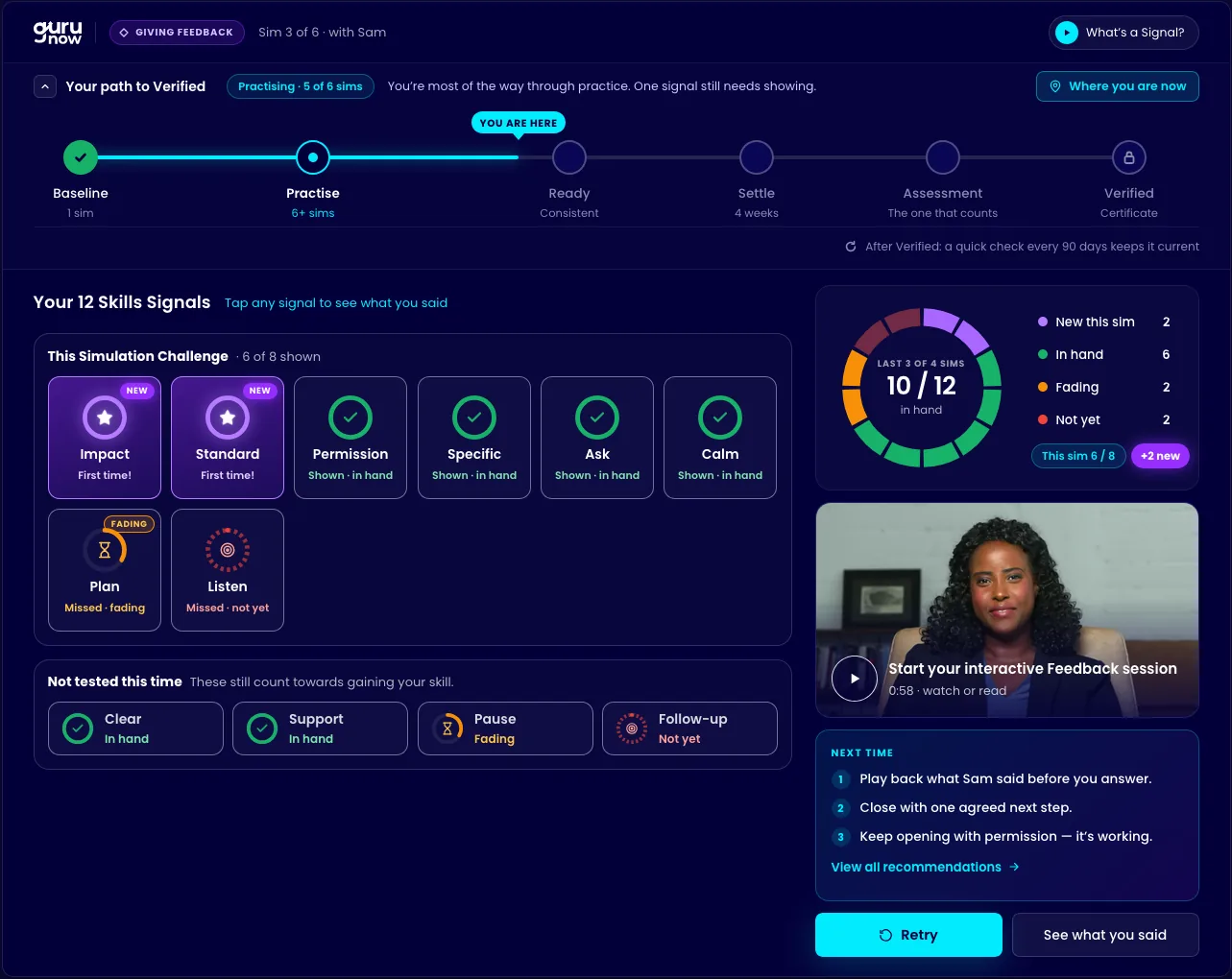 GuruNow results after a Giving Feedback simulation: the path to Verified, twelve skills signals marked new, in hand, fading or not yet, and three things to try next time