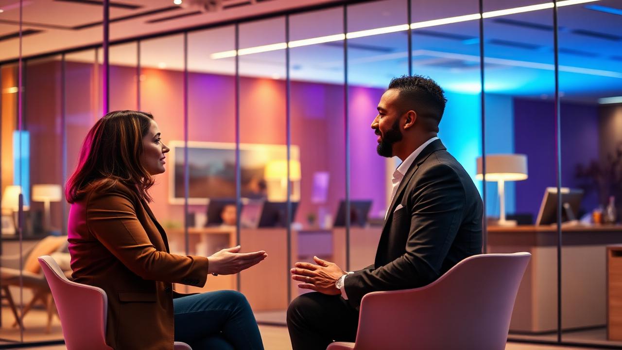 Two colleagues in a one-to-one conversation in an office