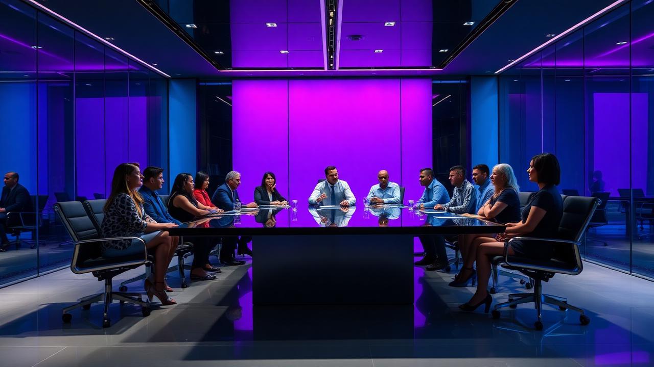 A large meeting room with a team seated around a table