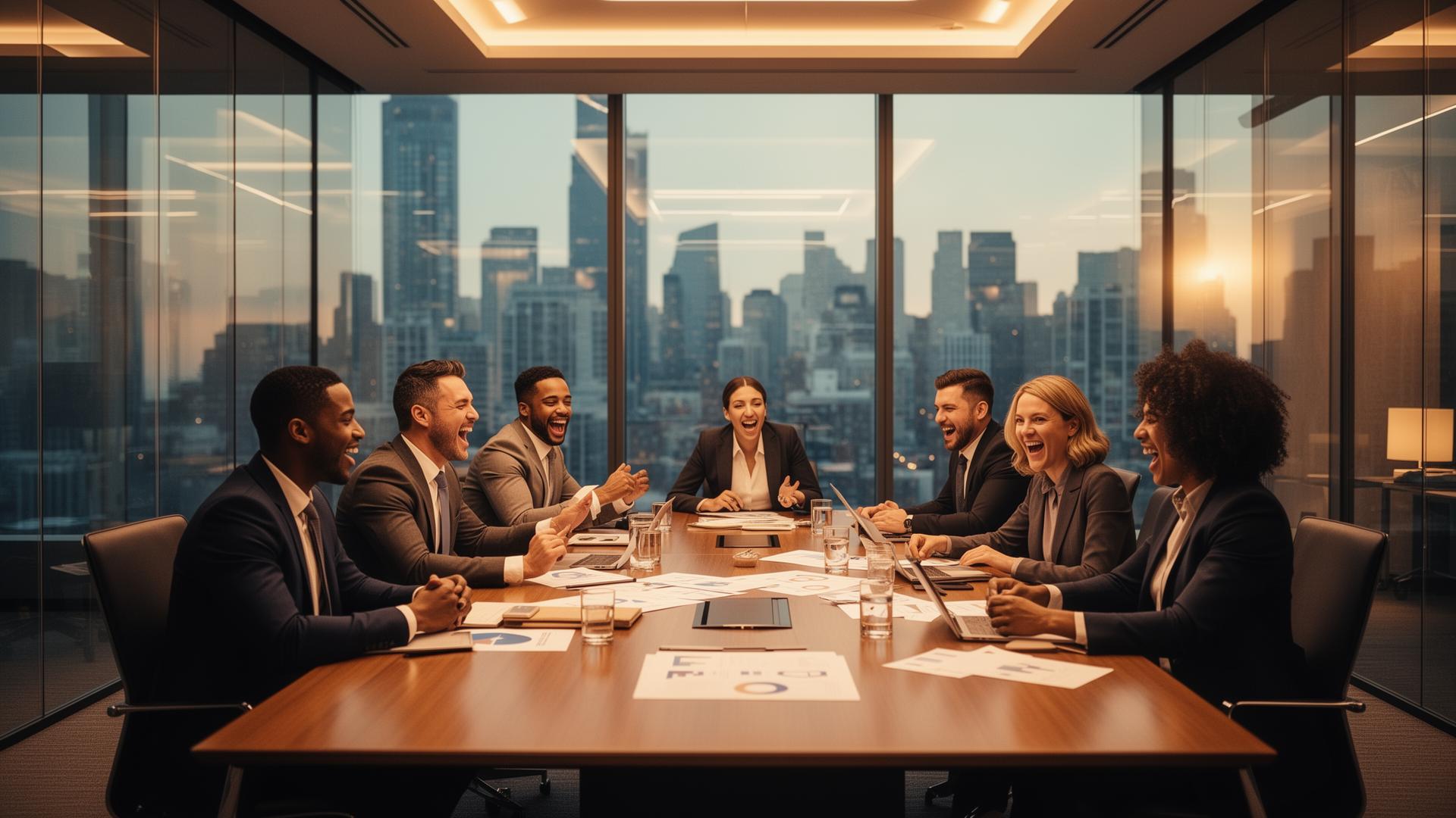 A team meeting in a boardroom overlooking a city